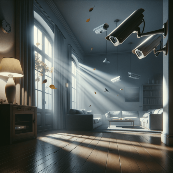 Nel silenzio di una casa deserta, l’unico rumore è il lieve ronzio dell’impianto di climatizzazione che riecheggia nei corridoi vuoti. L’atmosfera è tranquilla, ma gli occhi vigili delle telecamere di sorveglianza non conoscono riposo.Nella penombra delle stanze, le telecamere montate strategicamente scrutano ogni angolo con precisione chirurgica. Zoomano sui dettagli più piccoli, catturando ogni movimento, ogni variazione di luce, ogni segno di vita o di intrusione.Una telecamera montata sopra l’ingresso principale osserva silenziosamente mentre una foglia sospinta dal vento scivola sul marciapiede vuoto. Un’altra telecamera, posizionata nel soggiorno, inquadra il divano vuoto, la luce del sole che filtra dalle tende e crea motivi d’ombra sul pavimento immacolato.Nel frattempo, una terza telecamera panning, nascosta sotto un mobile, sorveglia la cucina, registrando ogni scatto del frigorifero che si apre e si chiude con il passaggio dell’aria condizionata.L’impianto di videosorveglianza funziona come un occhio onniveggente, senza emozioni né distrazioni. Non c’è bisogno di riposo o pausa, solo la continua vigilanza su ogni centimetro della casa.La casa, priva di persone, è avvolta nel suo silenzio solitario, ma gli occhi delle telecamere restano aperti, pronti a catturare qualsiasi evento che si verifichi, garantendo la sicurezza e la protezione anche quando gli abitanti sono lontani.