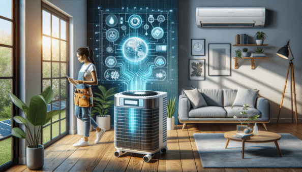 Genera una foto realistica che illustra il concetto descritto nell’articolo. Per favore, usa il testo dell’articolo tra parentesi per comprendere il contesto specifico dell’immagine. L’immagine dovrebbe essere di alta qualità e riflettere fedelmente il tema trattato. Ad esempio, se l’articolo parla dei vantaggi dei climatizzatori portatili, l’immagine dovrebbe mostrare un condizionatore portatile in un ambiente domestico moderno. Se l’articolo riguarda la manutenzione dei condizionatori, crea un’immagine che mostri una persona mentre pulisce o ispeziona un condizionatore. Ecco il testo dell’articolo da cui trarre ispirazione: (In recent decades, air conditioners have become fundamental household appliances providing thermal comfort during the hottest months. However, their intensive use raises significant environmental concerns. Air conditioners are notorious energy consumers. During peak summer periods, the electrical load demanded by air conditioning systems can overload the grid, leading to blackouts and increased carbon emissions. Moreover, a large part of the electricity used to power air conditioners comes from non-renewable sources, thus increasing air pollution.Air conditioners use refrigerant gases to cool the air. In the past, chlorofluorocarbons (CFCs) were commonly used, but their significant impact on the ozone layer led to their gradual elimination. Today, many systems use hydrofluorocarbons (HFCs), which, although less damaging to the ozone layer, are potent greenhouse gases contributing to global warming.Several eco-friendly solutions can reduce the environmental impact of air conditioners. One of the main solutions is to improve their energy efficiency. Opting for models with high SEER (Seasonal Energy Efficiency Ratio) values can significantly reduce electricity consumption. The use of smart thermostats and integration with smart grids can optimize their operation.Furthermore, modern technologies are beginning to use more sustainable refrigerant gases, such as propane (R-290) and carbon dioxide (CO2), which have a lower environmental impact than traditional HFCs. Choosing units that use these refrigerants can contribute to the reduction of greenhouse gas emissions.Integrating air conditioning systems with renewable energy, like solar power, can further reduce their environmental impact. Solar panels to power air conditioners are a feasible solution in many regions, especially those with high sun exposure.Reducing the environmental impact of air conditioners is a significant challenge, but with an informed and technologically savvy approach, their negative effects can be mitigated. By opting for more efficient appliances, using sustainable refrigerant gases, and adopting renewable energy sources, consumers and manufacturers can take steps towards a sustainable future. It’s crucial that every individual chooses environment-friendly air conditioning solutions to ensure the well-being of future generations.
).