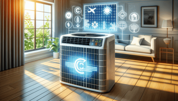 Genera una foto realistica che illustra il concetto descritto nell’articolo. Per favore, usa il testo dell’articolo tra parentesi per comprendere il contesto specifico dell’immagine. L’immagine dovrebbe essere di alta qualità e riflettere fedelmente il tema trattato. Ad esempio, se l’articolo parla dei vantaggi dei climatizzatori portatili, l’immagine dovrebbe mostrare un condizionatore portatile in un ambiente domestico moderno. Se l’articolo riguarda la manutenzione dei condizionatori, crea un’immagine che mostri una persona mentre pulisce o ispeziona un condizionatore. Ecco il testo dell’articolo da cui trarre ispirazione: (Air conditioners have become vital in many parts of the world, especially in extremely hot and humid climates. However, their widespread use has raised environmental concerns. The concern involves the substantial contribution air conditioners make to greenhouse gas emissions and energy consumption. Understanding the environmental impact of these devices is crucial and the adoption of more sustainable solutions should be considered.Air conditioners contribute to climate change primarily in two ways: through electric energy consumption and the emission of refrigerants. The electricity used by air conditioners often comes from fossil fuel sources, which emit CO2 into the atmosphere. Additionally, the refrigerants used in air conditioners, such as hydrofluorocarbons (HFCs), are potent greenhouse gases that can be thousands of times more effective in trapping heat compared to carbon dioxide.Technology evolution has led to more energy-efficient air conditioner models. Opting for Energy Star-certified devices or those equipped with inverters can considerably reduce energy consumption, lowering bills, and carbon footprints. Inverters enable the air conditioner to regulate the compressor speed for maintaining the desired temperature more efficiently.Innovations in refrigerants are leading to the development of eco-friendly alternatives. Refrigerants like R-32 and R-290 have a much lower global warming potential (GWP) compared to traditional HFCs. These new refrigerants not only reduce environmental impact but also improve devices’ energy efficiency.Pairing air conditioner usage with renewable energy sources, such as photovoltaic solar, can further lessen environmental impact. Installing solar panels to power air conditioners allows for clean energy usage and reduces dependency on fossil fuel sources.Addressing the environmental impact of air conditioners is crucial in a world battling climate change. Choosing more efficient equipment and orienting towards eco-friendly solutions, like alternative refrigerants and renewable energy sources, are essential steps to mitigate environmental damage. Users are encouraged to consider sustainable options when purchasing new equipment, thereby contributing to a greener and more sustainable future.).