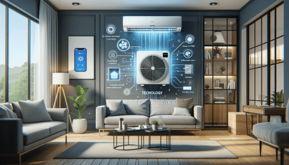 Genera una foto realistica che illustra il concetto descritto nell’articolo. Per favore, usa il testo dell’articolo tra parentesi per comprendere il contesto specifico dell’immagine. L’immagine dovrebbe essere di alta qualità e riflettere fedelmente il tema trattato. Ad esempio, se l’articolo parla dei vantaggi dei climatizzatori portatili, l’immagine dovrebbe mostrare un condizionatore portatile in un ambiente domestico moderno. Se l’articolo riguarda la manutenzione dei condizionatori, crea un’immagine che mostri una persona mentre pulisce o ispeziona un condizionatore. Ecco il testo dell’articolo da cui trarre ispirazione: (This article discusses the innovative technologies in modern air conditioners and climate control systems that drastically improve efficiency, intelligence, and environmental friendliness. The “Inverter Technology” has replaced standard fixed-speed air conditioners, allowing the unit’s compressor to adjust speed based on the cooling or heating needed. This leads to reduced energy consumption and ensures a consistent temperature. “Smart Control Systems” enable these air conditioners to be operated via smartphones or tablets while learning algorithms analyze usage habits and adjust operation for optimal comfort and energy efficiency. “Advanced Air Filters”, such as HEPA filters, ionizers and cold plasma tech, can remove particulates, pollen, bacteria, and viruses from the air, significantly improving indoor air quality. The use of “Environmental Sensors” allow air conditioners to automatically adjust settings based on room occupancy and sunlight levels. This enhances energy efficiency as the air conditioning intensity can be adjusted according to the number of people in the room. “Geothermal Cooling and Heating”, although not integrated into conventional air conditioners, use underground heat for efficient cooling and heating, thus exploiting renewable energy sources. When purchasing a new air conditioner, these technologies should be considered as they not only enhance comfort and air quality but also minimize environmental impact.).