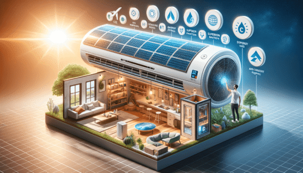 Genera una foto realistica che illustra il concetto descritto nell’articolo. Per favore, usa il testo dell’articolo tra parentesi per comprendere il contesto specifico dell’immagine. L’immagine dovrebbe essere di alta qualità e riflettere fedelmente il tema trattato. Ad esempio, se l’articolo parla dei vantaggi dei climatizzatori portatili, l’immagine dovrebbe mostrare un condizionatore portatile in un ambiente domestico moderno. Se l’articolo riguarda la manutenzione dei condizionatori, crea un’immagine che mostri una persona mentre pulisce o ispeziona un condizionatore. Ecco il testo dell’articolo da cui trarre ispirazione: (The increase in usage of air conditioners worldwide poses significant environmental concerns due to energy consumption and greenhouse gas emissions. However, eco-friendly solutions are emerging to mitigate their negative effects. Air conditioners primarily function through electricity and chemical refrigerants, leading to CO2 emissions and the release of HFCs (hydrofluorocarbons), potent greenhouse gases. The global surge in air conditioning units further adds to energy demand, pressure on natural resources, and air pollution, exacerbating climate change.Several eco-friendly solutions can be employed:1. **Low-impact refrigerants**: Refrigerants with low global warming potential (GWP) like ammonia and CO2 serve as less harmful alternatives.
2. **Energy efficiency**: Models with superior energy ratings consume less electricity, minimizing environmental impact and lowering electricity bills.3. **Innovative technologies**: Modern air-conditioning systems incorporate advanced technologies such as inverters and smart sensors. Inverters enhance energy efficiency by adjusting compressor speed based on cooling needs, while sensors optimize operation by detecting people.
4. **Renewable energy sources**: Integrating renewable energy sources like solar panels can reduce CO2 emissions significantly. Some companies are developing air conditioners powered directly by renewable energies, diminishing reliance on fossil fuels.
5. **Climate-sensitive building design**: Designs that promote natural ventilation and passive cooling can decrease air conditioning requirements and their environmental impact.As air conditioners remain a crucial aspect for maintaining comfortable living conditions, it is essential to adopt practices and technologies that reduce their environmental footprint. Selecting efficient models, using eco-friendly refrigerants, integrating renewable energy sources, and designing climate-sensitive buildings are effective strategies for sustainable energy resource management. Conscious decision-making not only protects the planet but also fosters more sustainable practices.).