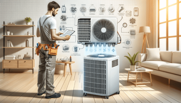 Genera una foto realistica che illustra il concetto descritto nell’articolo. Per favore, usa il testo dell’articolo tra parentesi per comprendere il contesto specifico dell’immagine. L’immagine dovrebbe essere di alta qualità e riflettere fedelmente il tema trattato. Ad esempio, se l’articolo parla dei vantaggi dei climatizzatori portatili, l’immagine dovrebbe mostrare un condizionatore portatile in un ambiente domestico moderno. Se l’articolo riguarda la manutenzione dei condizionatori, crea un’immagine che mostri una persona mentre pulisce o ispeziona un condizionatore. Ecco il testo dell’articolo da cui trarre ispirazione: (Air conditioners have become a vital component in modern homes and offices, providing year-round thermal comfort. However, regular maintenance is crucial to maximize their performance and extend their lifespan. Regular maintenance not only ensures efficient operation but can also prevent costly breakdowns and reduce energy consumption. Benefits include prolonging the unit’s lifespan, improving energy efficiency, and improving indoor air quality. Key maintenance practices include cleaning or replacing air filters every 1-3 months, inspecting coils for dirt buildup, regularly checking refrigerant levels, and checking for air or refrigerant leaks. Investing in regular maintenance can result in energy cost savings and long-term efficiency and comfort. Hiring professionals for regular maintenance can simplify the process and ensure the conditioners always operate at their best. Hence, routine and detail-focused maintenance translates into long-term efficiency and peace of mind.).