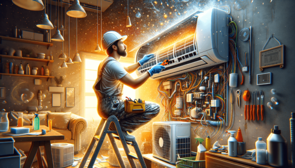 Genera una foto realistica che illustra il concetto descritto nell’articolo. Per favore, usa il testo dell’articolo tra parentesi per comprendere il contesto specifico dell’immagine. L’immagine dovrebbe essere di alta qualità e riflettere fedelmente il tema trattato. Ad esempio, se l’articolo parla dei vantaggi dei climatizzatori portatili, l’immagine dovrebbe mostrare un condizionatore portatile in un ambiente domestico moderno. Se l’articolo riguarda la manutenzione dei condizionatori, crea un’immagine che mostri una persona mentre pulisce o ispeziona un condizionatore. Ecco il testo dell’articolo da cui trarre ispirazione: (With increasing global temperatures and climate change, air conditioners have become vital for ensuring comfort in many homes and workplaces. However, buying an air conditioner is only the first step; regular and diligent maintenance is crucial for its efficiency and longevity. Maintenance should never be overlooked since it impacts the performance of the device and the health of the persons inhabiting the conditioned spaces. A well-maintained air conditioner operates more efficiently, uses less energy, and provides better indoor air quality.1. **Energy Efficiency**: When the filters and coils of the evaporator or condenser are dirty, the device must work harder to cool the environment, increasing energy consumption and mechanical wear and tear. Among the maintenance operations, cleaning filters is the simplest and has a significant impact on the system’s energy efficiency.2. **Air Quality**: Dirty filters not only reduce the system’s efficiency but can also recirculate dust, allergens, and other contaminants inside the premises. Regularly replacing or cleaning filters can help maintain clean air, reducing allergy and respiratory problems risks.3. **Failure Prevention**: Regular maintenance can help prevent abrupt failures. During checks, technicians can identify and solve potential issues before they become serious, such as refrigerant leaks or faulty components, saving substantial repair costs and preventing system downtime.4. **Increasing the Air Conditioner’s Lifespan**: A well-maintained appliance has a longer average lifespan. Protecting and caring for an air conditioner’s movable parts reduces the risk of mechanical breakdowns and extends the appliance’s useful life, ensuring that it works optimally for many years.To ensure a comfortable and healthy environment and optimize management costs, it is crucial to follow a scheduled maintenance program for air conditioners. Ideally, checks and cleanings should be performed at least once a year, preferably before the summer season when the appliance will be used the most. This will not only improve energy efficiency and prolong the device’s life but also contribute to maintaining clean and healthy indoor air. For accurate and professional maintenance, it is recommended to seek specialized technicians.).