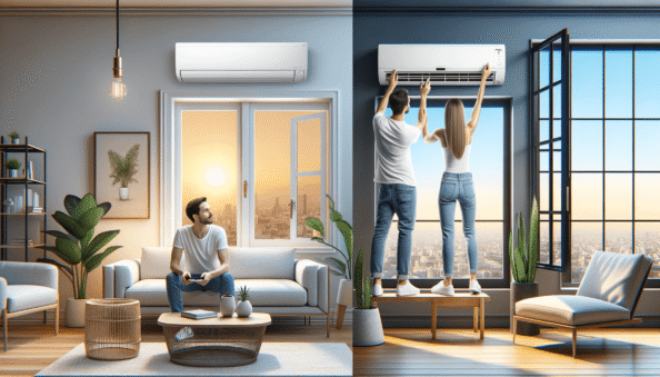 Genera una foto realistica che illustra il concetto descritto nell’articolo. Per favore, usa il testo dell’articolo tra parentesi per comprendere il contesto specifico dell’immagine. L’immagine dovrebbe essere di alta qualità e riflettere fedelmente il tema trattato. Ad esempio, se l’articolo parla dei vantaggi dei climatizzatori portatili, l’immagine dovrebbe mostrare un condizionatore portatile in un ambiente domestico moderno. Se l’articolo riguarda la manutenzione dei condizionatori, crea un’immagine che mostri una persona mentre pulisce o ispeziona un condizionatore. Ecco il testo dell’articolo da cui trarre ispirazione: (The air conditioning market has seen significant evolution offering a variety of options for users. Among these, wall-mounted and window air conditioners are the most popular. Knowing the differences between these two types can aid in choosing the most suitable climate control system.Air conditioners are essential to combat summer heat. Window air conditioners are a traditional choice, while wall-mounted units, also known as split systems, are newer options featuring advanced technology and modern design.1. Installation and Design:
– Window air conditioners are designed for installation in a window or through an opening in the wall. They require a very specific physical space and sometimes block part of a window. However, they are relatively easy to install and can be easily moved from one window to another.
– Wall-mounted (Split) air conditioners consist of two units: an internal and an external one. Its installation requires professional help. The internal unit is discreet and easily integrates into interior design, without occupying window space.2. Energy Efficiency:
– Window air conditioners generally offer less efficiency compared to split models, potentially leading to higher long-term energy costs.
– Wall-mounted air conditioners use advanced inverter technology making them more energy-efficient, allowing more precise temperature regulation and reduced energy consumption.3. Cooling Capacity and Functionality:
– Window air conditioners are ideal for smaller and medium-sized rooms but may be ineffective in larger spaces. They offer basic functionality without many extras.
– Wall-mounted air conditioners are available in a wide range of capacities suitable for various room sizes. They provide advanced functionality, like remote control, night mode, and air quality improving filters.4. Cost:
– Window air conditioners are usually less expensive than split ones regarding purchase and installation, making them a common choice for those with a limited budget.
– Wall-mounted air conditioners are pricier in terms of purchase and installation. However, the initial investment is often offset by long-term energy savings and a longer lifespan.Choosing between a wall-mounted or window air conditioner depends on factors like budget, cooling needs, room size and desired aesthetics. Window units may be the ideal solution for those looking for an economical and easy-to-install option, whereas wall-mounted ones are the top choice for those needing energy efficiency and advanced features. Careful evaluation of the pros and cons of each system will assist in making an informed decision ensuring long-term comfort and convenience.).
