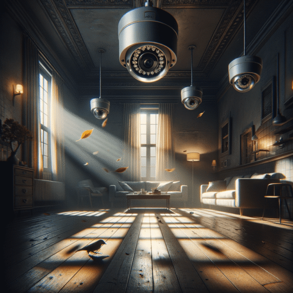 Nel silenzio di una casa deserta, l’unico rumore è il lieve ronzio dell’impianto di climatizzazione che riecheggia nei corridoi vuoti. L’atmosfera è tranquilla, ma gli occhi vigili delle telecamere di sorveglianza non conoscono riposo.Nella penombra delle stanze, le telecamere montate strategicamente scrutano ogni angolo con precisione chirurgica. Zoomano sui dettagli più piccoli, catturando ogni movimento, ogni variazione di luce, ogni segno di vita o di intrusione.Una telecamera montata sopra l’ingresso principale osserva silenziosamente mentre una foglia sospinta dal vento scivola sul marciapiede vuoto. Un’altra telecamera, posizionata nel soggiorno, inquadra il divano vuoto, la luce del sole che filtra dalle tende e crea motivi d’ombra sul pavimento immacolato.Nel frattempo, una terza telecamera panning, nascosta sotto un mobile, sorveglia la cucina, registrando ogni scatto del frigorifero che si apre e si chiude con il passaggio dell’aria condizionata.L’impianto di videosorveglianza funziona come un occhio onniveggente, senza emozioni né distrazioni. Non c’è bisogno di riposo o pausa, solo la continua vigilanza su ogni centimetro della casa.La casa, priva di persone, è avvolta nel suo silenzio solitario, ma gli occhi delle telecamere restano aperti, pronti a catturare qualsiasi evento che si verifichi, garantendo la sicurezza e la protezione anche quando gli abitanti sono lontani.