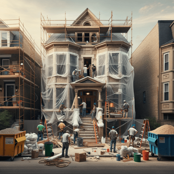 In una tranquilla strada di quartiere, una casa dalle vecchie pareti sbiadite si prepara a subire una trasformazione. Il cantiere di ristrutturazione è un’effervescente sinfonia di attività, con operai che lavorano con fervore per portare nuova vita all’edificio.All’esterno, impalcature avvolgono la casa come un abbraccio protettivo, mentre teloni di plastica proteggono le finestre e le porte dagli elementi. Il suono costante di martelli e trapani riempie l’aria, mescolandosi al vociare degli operai che si scambiano istruzioni e battute.Sul marciapiede, una serie di cassoni gialli e blu attendono di essere riempiti con detriti e materiali da smaltire. Alcuni operai si occupano di rimuovere vecchi elementi strutturali, facendo crollare muri interni per creare spazi più aperti e moderni.All’interno della casa, il suolo è coperto di trucioli di legno e sacchi di cemento, mentre l’odore pungente di vernice fresca si diffonde nell’aria. Elettricisti si arrampicano sulle scale per installare nuovi impianti elettrici, mentre idraulici lavorano sotto il lavandino della cucina per sostituire vecchie tubature con nuovi sistemi moderni.Nel soggiorno, operai abili rimuovono vecchi rivestimenti murali per scoprire le pareti di mattoni originarie, pronte ad essere restaurate e riportate al loro antico splendore. Lungo il corridoio, altri operai applicano stucco fresco e liscio, preparando le pareti per una nuova finitura.Nonostante il caos apparente, c’è un senso di eccitazione nell’aria, un’anticipazione per la trasformazione imminente. Ogni battito di martello e ogni pennellata di vernice porta l’edificio un passo più vicino alla sua nuova vita, pronta a accogliere i suoi abitanti con comfort e stile rinnovati.