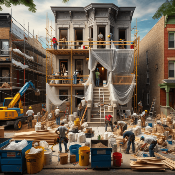 In una tranquilla strada di quartiere, una casa dalle vecchie pareti sbiadite si prepara a subire una trasformazione. Il cantiere di ristrutturazione è un’effervescente sinfonia di attività, con operai che lavorano con fervore per portare nuova vita all’edificio.All’esterno, impalcature avvolgono la casa come un abbraccio protettivo, mentre teloni di plastica proteggono le finestre e le porte dagli elementi. Il suono costante di martelli e trapani riempie l’aria, mescolandosi al vociare degli operai che si scambiano istruzioni e battute.Sul marciapiede, una serie di cassoni gialli e blu attendono di essere riempiti con detriti e materiali da smaltire. Alcuni operai si occupano di rimuovere vecchi elementi strutturali, facendo crollare muri interni per creare spazi più aperti e moderni.All’interno della casa, il suolo è coperto di trucioli di legno e sacchi di cemento, mentre l’odore pungente di vernice fresca si diffonde nell’aria. Elettricisti si arrampicano sulle scale per installare nuovi impianti elettrici, mentre idraulici lavorano sotto il lavandino della cucina per sostituire vecchie tubature con nuovi sistemi moderni.Nel soggiorno, operai abili rimuovono vecchi rivestimenti murali per scoprire le pareti di mattoni originarie, pronte ad essere restaurate e riportate al loro antico splendore. Lungo il corridoio, altri operai applicano stucco fresco e liscio, preparando le pareti per una nuova finitura.Nonostante il caos apparente, c’è un senso di eccitazione nell’aria, un’anticipazione per la trasformazione imminente. Ogni battito di martello e ogni pennellata di vernice porta l’edificio un passo più vicino alla sua nuova vita, pronta a accogliere i suoi abitanti con comfort e stile rinnovati.