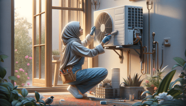 Genera una foto realistica che illustra il concetto descritto nell’articolo. Per favore, usa il testo dell’articolo tra parentesi per comprendere il contesto specifico dell’immagine. L’immagine dovrebbe essere di alta qualità e riflettere fedelmente il tema trattato. Ad esempio, se l’articolo parla dei vantaggi dei climatizzatori portatili, l’immagine dovrebbe mostrare un condizionatore portatile in un ambiente domestico moderno. Se l’articolo riguarda la manutenzione dei condizionatori, crea un’immagine che mostri una persona mentre pulisce o ispeziona un condizionatore. Ecco il testo dell’articolo da cui trarre ispirazione: (Air conditioners, or air conditioning units, play a vital role in many homes and offices, especially in regions with hot and humid climates. To ensure their optimal operation and prolong their lifespan, regular maintenance is essential.Regular maintenance of air conditioners provides several benefits. Firstly, it guarantees the device’s energy efficiency, reducing electricity consumption and thus energy costs. A well-maintained system does not need to work harder to cool the environment, helping to keep energy bills under control.Regular maintenance decreases the risk of unexpected breakdowns. The identification and resolution of minor issues before they become significant problems helps avoid expensive repair costs and ensures continuous comfort in homes and offices.Air conditioner maintenance involves several tasks. A crucial part of maintenance is cleaning or replacing the air filters, a task ideally done monthly. Dirty or clogged filters restrict airflow, causing the unit to work harder, causing increased wear and reduced efficiency.Another critical task is cleaning the air conditioner’s coils. Even with clean filters, coils may still accumulate dust and debris over time. Additionally, keeping the external unit free from leaves or rubbish that could obstruct airflow is vital for proper functioning.For the best results, air conditioning units should receive maintenance at least once a year, preferably before the hot season begins. Some models or intense usage conditions may require more frequent servicing.Investing time and resources in regular air conditioner maintenance proves beneficial in the long run. In addition to improved efficiency and reduced operating costs, a well-planned maintenance schedule extends the appliance’s life and enhances indoor air quality. Engaging the services of a professional technician for a comprehensive and accurate check is good practice, especially for more complex tasks or suspected issues. To sum up, maintenance maintains efficiency, comfort, and environmental safety.).