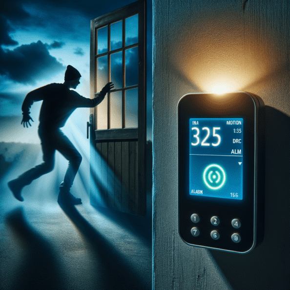 Mentre l’intruso tenta di forzare la finestra, mostra un sottile raggio di luce infrarossa che viene disturbato. In primo piano, un sensore di movimento nascosto nel buio cattura il cambiamento e invia un segnale al sistema di sicurezza. All’interno della casa, mostra il pannello di controllo digitale che si illumina improvvisamente, mentre un allarme discreto ma penetrante risuona nell’aria calma della notte.