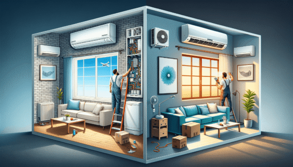 Genera una foto realistica che illustra il concetto descritto nell’articolo. Per favore, usa il testo dell’articolo tra parentesi per comprendere il contesto specifico dell’immagine. L’immagine dovrebbe essere di alta qualità e riflettere fedelmente il tema trattato. Ad esempio, se l’articolo parla dei vantaggi dei climatizzatori portatili, l’immagine dovrebbe mostrare un condizionatore portatile in un ambiente domestico moderno. Se l’articolo riguarda la manutenzione dei condizionatori, crea un’immagine che mostri una persona mentre pulisce o ispeziona un condizionatore. Ecco il testo dell’articolo da cui trarre ispirazione: (This article discusses the key differences between wall and window air conditioners. Wall air conditioners, also known as split systems, consist of two units: an internal and an external. These systems require a specialist for installation and are generally more energy-efficient than window models, thanks to the advanced technology and targeted cooling option. They are also ideal for larger spaces and offer a more aesthetically pleasing look. However, these benefits come at a higher initial cost.On the contrary, window air conditioners are designed as single units that can be conveniently fitted into an open window. They are usually easier and less expensive to install, some models can even be installed without professional help. While these units are less energy-efficient and suitable for smaller rooms, they are potentially more affordable.Routine maintenance is required for both types, with wall models possibly needing more complex servicing due to their advanced components, although they tend to have a longer lifespan. A window conditioner requires less upkeep, but they may have a shorter service life.In conclusion, the choice between a wall or window air conditioner depends on individual cooling needs, budget, and aesthetic preferences. A wall conditioner can be the ideal choice for those seeking efficiency and have a larger space, and are not concerns about the larger initial investment. Conversely, a window conditioner provides an economical and easily installable solution. Consider these factors carefully to ensure that you make the best choice for your living space.
).