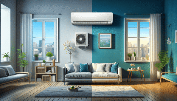 Genera una foto realistica che illustra il concetto descritto nell’articolo. Per favore, usa il testo dell’articolo tra parentesi per comprendere il contesto specifico dell’immagine. L’immagine dovrebbe essere di alta qualità e riflettere fedelmente il tema trattato. Ad esempio, se l’articolo parla dei vantaggi dei climatizzatori portatili, l’immagine dovrebbe mostrare un condizionatore portatile in un ambiente domestico moderno. Se l’articolo riguarda la manutenzione dei condizionatori, crea un’immagine che mostri una persona mentre pulisce o ispeziona un condizionatore. Ecco il testo dell’articolo da cui trarre ispirazione: (When deciding to purchase an air conditioner, the type can significantly impact efficiency, costs, and comfort. Two common options are wall and window air conditioners, each having unique features. Wall conditioners, also known as split systems, are installed directly onto a room’s wall and connected to an external unit. They are appreciated for their ability to cool environments of varying sizes efficiently. Key advantages include quiet operation, even air distribution, and the capability to integrate advanced functions like dehumidification and air purification. They are often more aesthetically pleasing with sleek designs matching room decor.In contrast, window air conditioners are standalone units placed within an open window. They are generally cheaper and easier to install, making them popular among renters or those seeking a temporary solution. However, they can be noisier and may not distribute air as evenly as wall models. They also take up window space, limiting natural light and the view in a room. Wall conditioners typically offer greater energy efficiency, translating into significant long-term electricity bill savings.The choice between a wall or window air conditioner depends on several factors, including budget, specific cooling needs, aesthetics, and home configuration. A wall conditioner might be better for those wanting a quiet, energy-efficient, long-lasting solution, while a window conditioner may suit those seeking a cheaper, easier-to-install option. Regardless of choice, it’s vital to carefully consider needs and consult an expert.).