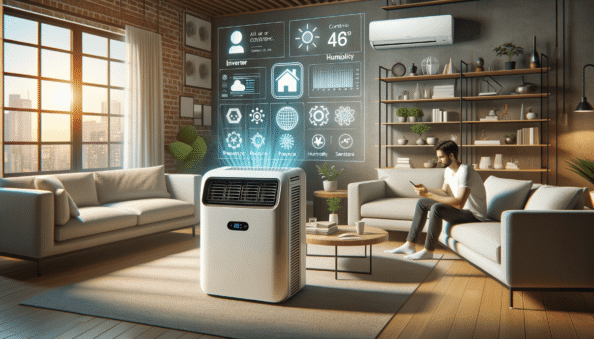 Genera una foto realistica che illustra il concetto descritto nell’articolo. Per favore, usa il testo dell’articolo tra parentesi per comprendere il contesto specifico dell’immagine. L’immagine dovrebbe essere di alta qualità e riflettere fedelmente il tema trattato. Ad esempio, se l’articolo parla dei vantaggi dei climatizzatori portatili, l’immagine dovrebbe mostrare un condizionatore portatile in un ambiente domestico moderno. Se l’articolo riguarda la manutenzione dei condizionatori, crea un’immagine che mostri una persona mentre pulisce o ispeziona un condizionatore. Ecco il testo dell’articolo da cui trarre ispirazione: (The air conditioning industry has witnessed significant development in recent years thanks to technological advancements. These not only improve user comfort but also contribute to energy saving and environmental sustainability. Some of the most cutting-edge technologies transforming the air conditioner market include Inverter Technology, Smart Controls and Connectivity, Presence and Humidity Sensors, Advanced Air Quality Filters, and Eco-Friendly Materials and Refrigerants.Inverter technology allows for the regulation of the compressor’s speed based on ambient temperature, maintaining a constant temperature and reducing energy consumption. Smart controls through smartphone apps or voice assistants such as Google Home and Amazon Alexa offer easy use, remote programming, and energy efficiency monitoring.Advanced motion and humidity sensors detect human presence in a room, activating or deactivating accordingly to optimize energy use. The precise control of humidity also improves comfort during periods of intense heat. Modern air conditioners are equipped with advanced filtering systems that enhance air quality, removing dust particles, allergens, and odors, particularly beneficial in urban or industrialized areas.Attention to environmental sustainability has led to development of air conditioners made with eco-friendly materials and low environmental impact refrigerants. Refrigerants like the R32 have lower global warming potential compared to traditional R410A, reducing environmental impact.Modern air conditioning innovations not only greatly improve comfort and indoor air quality, but also drive a change towards more responsible energy consumption. It is advisable to consider not just energy efficiency but also advanced functions offered by new models when choosing a new air conditioning system. Investing in innovative technologies can lead to long-term savings and reduced environmental impact, an increasingly relevant goal in the current climate change context.).