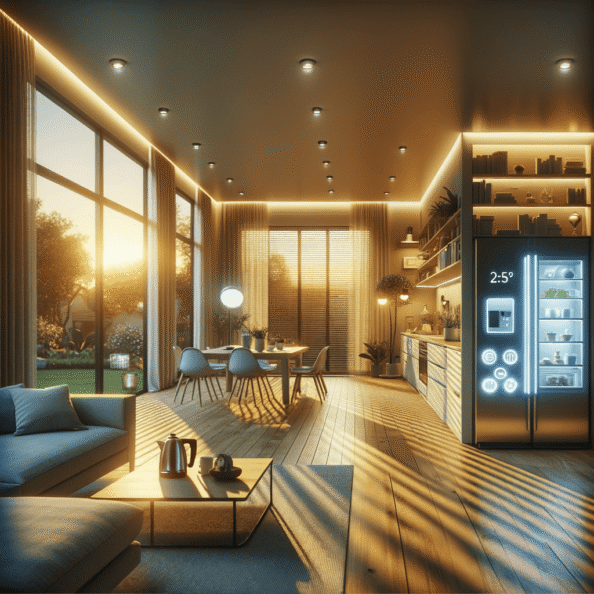 In una tranquilla casa di periferia, avvolta nell’atmosfera serena del pomeriggio, gli interni sono illuminati da una luce naturale che filtra attraverso le finestre. Non c’è nessuno in casa, ma il silenzio è interrotto solo dal leggero ronzio dei dispositivi elettronici.Nel soggiorno, la luce dell’ambiente si regola automaticamente, adattandosi alla luce naturale che varia con il trascorrere del giorno. Le tende si aprono e si chiudono delicatamente, seguendo un programma prestabilito per garantire la giusta quantità di luce e privacy in ogni momento.Nella cucina, un bollitore ad acqua si accende autonomamente, pronto a preparare una tazza di tè per il ritorno degli abitanti. Il frigorifero, dotato di sensori intelligenti, controlla costantemente la temperatura e la quantità di cibo al suo interno, avvisando di eventuali necessità di rifornimento o di problemi di conservazione.Nelle stanze da letto, i letti regolano automaticamente la loro temperatura e inclinazione per garantire un sonno confortevole. Le luci notturne si accendono dolcemente quando il sensore di movimento rileva un passaggio, illuminando il percorso senza disturbare il sonno.Nel bagno, il sistema di ventilazione si attiva autonomamente quando viene rilevata un’alta umidità, prevenendo la formazione di muffa e mantenendo l’ambiente fresco e asciutto.All’esterno, il sistema di irrigazione del giardino entra in azione, distribuendo l’acqua in modo uniforme e efficiente per mantenere il verde rigoglioso e vivace.Non c’è nessuno in casa, ma gli impianti di domotica lavorano instancabilmente per garantire il comfort, la sicurezza e l’efficienza energetica della dimora, creando un ambiente accogliente e funzionale che attende pazientemente il ritorno dei suoi abitanti.