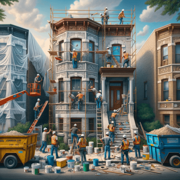 In una tranquilla strada di quartiere, una casa dalle vecchie pareti sbiadite si prepara a subire una trasformazione. Il cantiere di ristrutturazione è un’effervescente sinfonia di attività, con operai che lavorano con fervore per portare nuova vita all’edificio.All’esterno, impalcature avvolgono la casa come un abbraccio protettivo, mentre teloni di plastica proteggono le finestre e le porte dagli elementi. Il suono costante di martelli e trapani riempie l’aria, mescolandosi al vociare degli operai che si scambiano istruzioni e battute.Sul marciapiede, una serie di cassoni gialli e blu attendono di essere riempiti con detriti e materiali da smaltire. Alcuni operai si occupano di rimuovere vecchi elementi strutturali, facendo crollare muri interni per creare spazi più aperti e moderni.All’interno della casa, il suolo è coperto di trucioli di legno e sacchi di cemento, mentre l’odore pungente di vernice fresca si diffonde nell’aria. Elettricisti si arrampicano sulle scale per installare nuovi impianti elettrici, mentre idraulici lavorano sotto il lavandino della cucina per sostituire vecchie tubature con nuovi sistemi moderni.Nel soggiorno, operai abili rimuovono vecchi rivestimenti murali per scoprire le pareti di mattoni originarie, pronte ad essere restaurate e riportate al loro antico splendore. Lungo il corridoio, altri operai applicano stucco fresco e liscio, preparando le pareti per una nuova finitura.Nonostante il caos apparente, c’è un senso di eccitazione nell’aria, un’anticipazione per la trasformazione imminente. Ogni battito di martello e ogni pennellata di vernice porta l’edificio un passo più vicino alla sua nuova vita, pronta a accogliere i suoi abitanti con comfort e stile rinnovati.