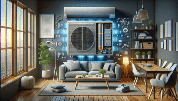 Genera una foto realistica che illustra il concetto descritto nell’articolo. Per favore, usa il testo dell’articolo tra parentesi per comprendere il contesto specifico dell’immagine. L’immagine dovrebbe essere di alta qualità e riflettere fedelmente il tema trattato. Ad esempio, se l’articolo parla dei vantaggi dei climatizzatori portatili, l’immagine dovrebbe mostrare un condizionatore portatile in un ambiente domestico moderno. Se l’articolo riguarda la manutenzione dei condizionatori, crea un’immagine che mostri una persona mentre pulisce o ispeziona un condizionatore. Ecco il testo dell’articolo da cui trarre ispirazione: (Air conditioning systems are crucial for improving indoor air quality, benefiting homeowners’ health and wellbeing significantly. Modern air conditioning systems are equipped with advanced filters that catch dust particles, pollen, mold spores, and other impurities. HEPA filters and activated carbon filters are particularly effective, capturing allergens and reducing allergy symptoms related to fine dust and environmental allergens.Air conditioners also control humidity levels, preventing the growth of mold and bacteria that can deteriorate air quality. A key feature of modern air conditioning systems is the ability to dehumidify the air, ensuring healthier living spaces.Additionally, air conditioners improve ventilation system efficiency, ensuring that stale air is expelled and replaced with fresh outside air. Good airflow is essential to prevent the stagnation of pollutants in the home environment.Used in conjunction with filtration and ventilation, air conditioners can significantly reduce unpleasant odors. High-efficiency filters capture odor-causing particles, keeping the air fresh and clean.Advanced technologies are now included in modern air conditioners, such as ionization, which neutralizes bacteria and viruses, and ultraviolet light purification systems that eliminate pathogens.Investing in a good air conditioning system is not only about temperature control but also drastically improving the air we breathe daily. It’s vital to regularly clean and maintain filters, ensure the system is correctly sized for the environment, and consider integrating advanced technologies for air purification.Practical tips include regular filter checks and replacements to ensure filtration efficiency, professional installation for optimal operation, considering models with advanced purification functions if external air quality is problematic, and maintaining the right humidity level to prevent the growth of mold and bacteria.).