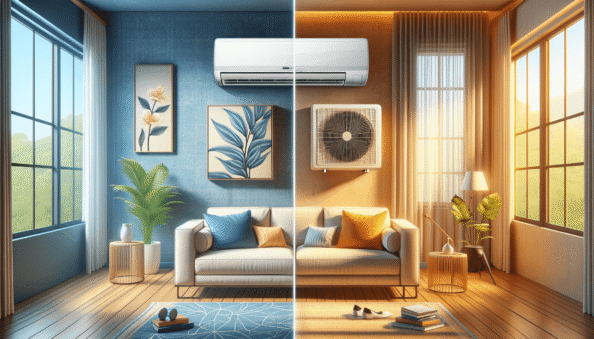 Genera una foto realistica che illustra il concetto descritto nell’articolo. Per favore, usa il testo dell’articolo tra parentesi per comprendere il contesto specifico dell’immagine. L’immagine dovrebbe essere di alta qualità e riflettere fedelmente il tema trattato. Ad esempio, se l’articolo parla dei vantaggi dei climatizzatori portatili, l’immagine dovrebbe mostrare un condizionatore portatile in un ambiente domestico moderno. Se l’articolo riguarda la manutenzione dei condizionatori, crea un’immagine che mostri una persona mentre pulisce o ispeziona un condizionatore. Ecco il testo dell’articolo da cui trarre ispirazione: (Air conditioners have become an essential household item, especially during hot weather. Wall air conditioners and window air conditioners are two common types, each with specific advantages and disadvantages.Wall air conditioners, also known as split systems, are permanently installed into a room’s wall. They are known for their cooling efficiency and quiet operation, making them ideal for bedrooms and offices. However, they require professional installation and are usually more expensive than window models. They offer more flexibility in placement and can be connected to an external unit, thus reducing interior clutter.On the other hand, window air conditioners are designed to be installed within a window, or sometimes a hole in the wall. They are generally cheaper and easier to install than wall units, making them a popular choice for those seeking a temporary solution or those on a budget. However, they may be noisier, partially obstruct the view from the window, and are often less efficient than split systems, especially in larger rooms. Still, they offer an adequate solution for smaller to medium-sized spaces.From an economic perspective, window air conditioners are more affordable in terms of initial price and installation costs. However, wall units can be more cost-effective in the long run in terms of energy consumption due to their greater efficiency. Wall models also tend to offer more uniform cold distribution and can be more easily controlled via advanced remote controls or mobile apps.The choice between a wall and a window air conditioner depends on several factors including budget, space size, installation considerations and personal preferences. If you’re looking for a simple and economical solution for a small room, a window air conditioner could be ideal. However, for those seeking a more efficient and quiet system that can harmoniously integrate with the home’s decor, a wall air conditioner could be the best investment. Careful consideration of these aspects will help you choose the most suitable air conditioner for your needs.).