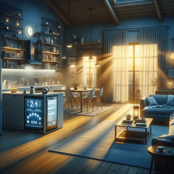 In una tranquilla casa di periferia, avvolta nell’atmosfera serena del pomeriggio, gli interni sono illuminati da una luce naturale che filtra attraverso le finestre. Non c’è nessuno in casa, ma il silenzio è interrotto solo dal leggero ronzio dei dispositivi elettronici.Nel soggiorno, la luce dell’ambiente si regola automaticamente, adattandosi alla luce naturale che varia con il trascorrere del giorno. Le tende si aprono e si chiudono delicatamente, seguendo un programma prestabilito per garantire la giusta quantità di luce e privacy in ogni momento.Nella cucina, un bollitore ad acqua si accende autonomamente, pronto a preparare una tazza di tè per il ritorno degli abitanti. Il frigorifero, dotato di sensori intelligenti, controlla costantemente la temperatura e la quantità di cibo al suo interno, avvisando di eventuali necessità di rifornimento o di problemi di conservazione.Nelle stanze da letto, i letti regolano automaticamente la loro temperatura e inclinazione per garantire un sonno confortevole. Le luci notturne si accendono dolcemente quando il sensore di movimento rileva un passaggio, illuminando il percorso senza disturbare il sonno.Nel bagno, il sistema di ventilazione si attiva autonomamente quando viene rilevata un’alta umidità, prevenendo la formazione di muffa e mantenendo l’ambiente fresco e asciutto.All’esterno, il sistema di irrigazione del giardino entra in azione, distribuendo l’acqua in modo uniforme e efficiente per mantenere il verde rigoglioso e vivace.Non c’è nessuno in casa, ma gli impianti di domotica lavorano instancabilmente per garantire il comfort, la sicurezza e l’efficienza energetica della dimora, creando un ambiente accogliente e funzionale che attende pazientemente il ritorno dei suoi abitanti.