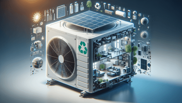 Genera una foto realistica che illustra il concetto descritto nell’articolo. Per favore, usa il testo dell’articolo tra parentesi per comprendere il contesto specifico dell’immagine. L’immagine dovrebbe essere di alta qualità e riflettere fedelmente il tema trattato. Ad esempio, se l’articolo parla dei vantaggi dei climatizzatori portatili, l’immagine dovrebbe mostrare un condizionatore portatile in un ambiente domestico moderno. Se l’articolo riguarda la manutenzione dei condizionatori, crea un’immagine che mostri una persona mentre pulisce o ispeziona un condizionatore. Ecco il testo dell’articolo da cui trarre ispirazione: (Air conditioners (ACs) have become nearly essential for domestic comfort but their environmental impact is significant. ACs use hydrofluorocarbons (HFCs), a potent greenhouse gas if not properly handled, and often consume large amounts of electricity usually generated by fossil fuels, worsening carbon footprint and air pollution. However, increasing environmental awareness has pushed AC industry towards eco-friendly solutions.Improved technologies have reduced greenhouse gas emissions through the use of low Global Warming Potential (GWP) refrigerants like R-32 that emit less CO2 than traditional HFCs. Modern ACs are designed for more energy efficiency. Technologies like inverters that automatically adjust compressor power according to desired temperature lend to less power consumption during operation.Some ACs even integrate solar panels allowing for partially self-sustained operations, meaning less dependence on fossil-based energy and long-term, potentially reducing operating costs. Manufaturers are adopting recyclable materials in unit construction and optimizing production processes to reduce waste and environmental damage as another step.Choosing an eco-friendly AC is not only an environmental responsibility, but it is also a future-proof investment. Technologies, such as green ACs, might initially cost more, but they compensate for this with long-term energy savings and reduced environmental impact. As consumers consider AC purchase, they should weigh environmental impact as a key decision factor and selecting eco-friendly and sustainable appliances helps drive a less carbon-intensive, greener future for all.).