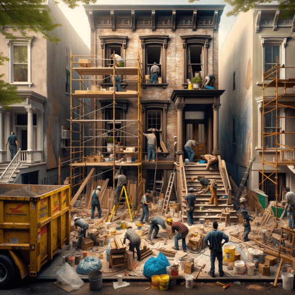 In una tranquilla strada di quartiere, una casa dalle vecchie pareti sbiadite si prepara a subire una trasformazione. Il cantiere di ristrutturazione è un’effervescente sinfonia di attività, con operai che lavorano con fervore per portare nuova vita all’edificio.All’esterno, impalcature avvolgono la casa come un abbraccio protettivo, mentre teloni di plastica proteggono le finestre e le porte dagli elementi. Il suono costante di martelli e trapani riempie l’aria, mescolandosi al vociare degli operai che si scambiano istruzioni e battute.Sul marciapiede, una serie di cassoni gialli e blu attendono di essere riempiti con detriti e materiali da smaltire. Alcuni operai si occupano di rimuovere vecchi elementi strutturali, facendo crollare muri interni per creare spazi più aperti e moderni.All’interno della casa, il suolo è coperto di trucioli di legno e sacchi di cemento, mentre l’odore pungente di vernice fresca si diffonde nell’aria. Elettricisti si arrampicano sulle scale per installare nuovi impianti elettrici, mentre idraulici lavorano sotto il lavandino della cucina per sostituire vecchie tubature con nuovi sistemi moderni.Nel soggiorno, operai abili rimuovono vecchi rivestimenti murali per scoprire le pareti di mattoni originarie, pronte ad essere restaurate e riportate al loro antico splendore. Lungo il corridoio, altri operai applicano stucco fresco e liscio, preparando le pareti per una nuova finitura.Nonostante il caos apparente, c’è un senso di eccitazione nell’aria, un’anticipazione per la trasformazione imminente. Ogni battito di martello e ogni pennellata di vernice porta l’edificio un passo più vicino alla sua nuova vita, pronta a accogliere i suoi abitanti con comfort e stile rinnovati.