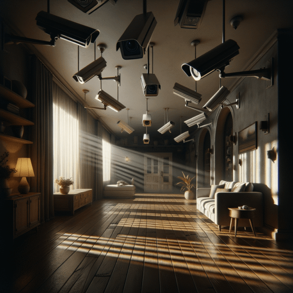 Nel silenzio di una casa deserta, l’unico rumore è il lieve ronzio dell’impianto di climatizzazione che riecheggia nei corridoi vuoti. L’atmosfera è tranquilla, ma gli occhi vigili delle telecamere di sorveglianza non conoscono riposo.Nella penombra delle stanze, le telecamere montate strategicamente scrutano ogni angolo con precisione chirurgica. Zoomano sui dettagli più piccoli, catturando ogni movimento, ogni variazione di luce, ogni segno di vita o di intrusione.Una telecamera montata sopra l’ingresso principale osserva silenziosamente mentre una foglia sospinta dal vento scivola sul marciapiede vuoto. Un’altra telecamera, posizionata nel soggiorno, inquadra il divano vuoto, la luce del sole che filtra dalle tende e crea motivi d’ombra sul pavimento immacolato.Nel frattempo, una terza telecamera panning, nascosta sotto un mobile, sorveglia la cucina, registrando ogni scatto del frigorifero che si apre e si chiude con il passaggio dell’aria condizionata.L’impianto di videosorveglianza funziona come un occhio onniveggente, senza emozioni né distrazioni. Non c’è bisogno di riposo o pausa, solo la continua vigilanza su ogni centimetro della casa.La casa, priva di persone, è avvolta nel suo silenzio solitario, ma gli occhi delle telecamere restano aperti, pronti a catturare qualsiasi evento che si verifichi, garantendo la sicurezza e la protezione anche quando gli abitanti sono lontani.