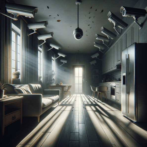 Nel silenzio di una casa deserta, l’unico rumore è il lieve ronzio dell’impianto di climatizzazione che riecheggia nei corridoi vuoti. L’atmosfera è tranquilla, ma gli occhi vigili delle telecamere di sorveglianza non conoscono riposo.Nella penombra delle stanze, le telecamere montate strategicamente scrutano ogni angolo con precisione chirurgica. Zoomano sui dettagli più piccoli, catturando ogni movimento, ogni variazione di luce, ogni segno di vita o di intrusione.Una telecamera montata sopra l’ingresso principale osserva silenziosamente mentre una foglia sospinta dal vento scivola sul marciapiede vuoto. Un’altra telecamera, posizionata nel soggiorno, inquadra il divano vuoto, la luce del sole che filtra dalle tende e crea motivi d’ombra sul pavimento immacolato.Nel frattempo, una terza telecamera panning, nascosta sotto un mobile, sorveglia la cucina, registrando ogni scatto del frigorifero che si apre e si chiude con il passaggio dell’aria condizionata.L’impianto di videosorveglianza funziona come un occhio onniveggente, senza emozioni né distrazioni. Non c’è bisogno di riposo o pausa, solo la continua vigilanza su ogni centimetro della casa.La casa, priva di persone, è avvolta nel suo silenzio solitario, ma gli occhi delle telecamere restano aperti, pronti a catturare qualsiasi evento che si verifichi, garantendo la sicurezza e la protezione anche quando gli abitanti sono lontani.
