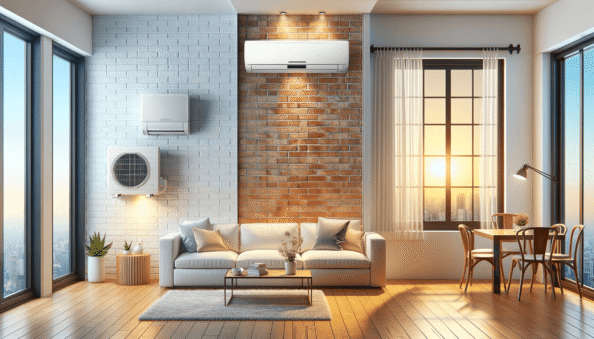 Genera una foto realistica che illustra il concetto descritto nell’articolo. Per favore, usa il testo dell’articolo tra parentesi per comprendere il contesto specifico dell’immagine. L’immagine dovrebbe essere di alta qualità e riflettere fedelmente il tema trattato. Ad esempio, se l’articolo parla dei vantaggi dei climatizzatori portatili, l’immagine dovrebbe mostrare un condizionatore portatile in un ambiente domestico moderno. Se l’articolo riguarda la manutenzione dei condizionatori, crea un’immagine che mostri una persona mentre pulisce o ispeziona un condizionatore. Ecco il testo dell’articolo da cui trarre ispirazione: (Wall and window air conditioners are popular solutions for home cooling. These two types of air conditioners, although designed to maintain comfort and ideal temperatures during the hot months, have distinct features and benefits.Wall air conditioners, often known as “split systems”, are made up of an indoor and outdoor unit. Their installation requires drilling into the wall to connect the units via pipes, which allows for a quieter operation as the compressor is located outside. They generally offer superior energy efficiency being technologically advanced and often come with advanced features such as inverters and eco modes. However, they are usually more expensive in terms of purchase and installation but can justify this with their efficiency and cooling capacity. Wall air conditioners usually have a more modern design and can be mounted high on walls making them less visible and bulky.On the other hand, window air conditioners are all-in-one devices, meaning all components are enclosed in a single unit installed in the window frame or through the wall. This makes them easier to install and move but they tend to consume more energy, particularly during continuous use, due to their lesser technological advancement. They are cheaper, making them suitable for those on a budget seeking a quick and simple solution. However, they are aesthetically intrusive as they take up window space and can obstruct the view and entrance of natural light. They are more suitable for rooms of moderate size but there are models of varying sizes for different room sizes.The choice between a wall and a window air conditioner depends on individual needs, budget, and the type of space in which it will be installed. Always also factor in energy efficiency and maintenance needs when making your final decision.).