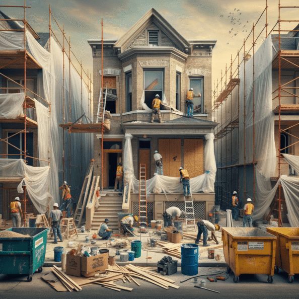 In una tranquilla strada di quartiere, una casa dalle vecchie pareti sbiadite si prepara a subire una trasformazione. Il cantiere di ristrutturazione è un’effervescente sinfonia di attività, con operai che lavorano con fervore per portare nuova vita all’edificio.All’esterno, impalcature avvolgono la casa come un abbraccio protettivo, mentre teloni di plastica proteggono le finestre e le porte dagli elementi. Il suono costante di martelli e trapani riempie l’aria, mescolandosi al vociare degli operai che si scambiano istruzioni e battute.Sul marciapiede, una serie di cassoni gialli e blu attendono di essere riempiti con detriti e materiali da smaltire. Alcuni operai si occupano di rimuovere vecchi elementi strutturali, facendo crollare muri interni per creare spazi più aperti e moderni.All’interno della casa, il suolo è coperto di trucioli di legno e sacchi di cemento, mentre l’odore pungente di vernice fresca si diffonde nell’aria. Elettricisti si arrampicano sulle scale per installare nuovi impianti elettrici, mentre idraulici lavorano sotto il lavandino della cucina per sostituire vecchie tubature con nuovi sistemi moderni.Nel soggiorno, operai abili rimuovono vecchi rivestimenti murali per scoprire le pareti di mattoni originarie, pronte ad essere restaurate e riportate al loro antico splendore. Lungo il corridoio, altri operai applicano stucco fresco e liscio, preparando le pareti per una nuova finitura.Nonostante il caos apparente, c’è un senso di eccitazione nell’aria, un’anticipazione per la trasformazione imminente. Ogni battito di martello e ogni pennellata di vernice porta l’edificio un passo più vicino alla sua nuova vita, pronta a accogliere i suoi abitanti con comfort e stile rinnovati.