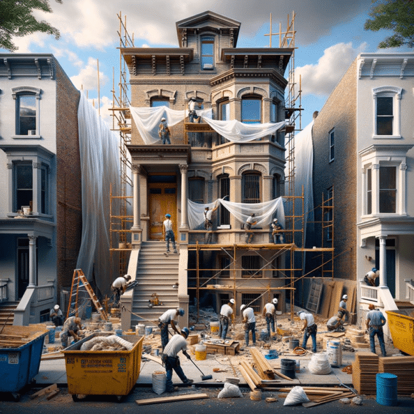 In una tranquilla strada di quartiere, una casa dalle vecchie pareti sbiadite si prepara a subire una trasformazione. Il cantiere di ristrutturazione è un’effervescente sinfonia di attività, con operai che lavorano con fervore per portare nuova vita all’edificio.All’esterno, impalcature avvolgono la casa come un abbraccio protettivo, mentre teloni di plastica proteggono le finestre e le porte dagli elementi. Il suono costante di martelli e trapani riempie l’aria, mescolandosi al vociare degli operai che si scambiano istruzioni e battute.Sul marciapiede, una serie di cassoni gialli e blu attendono di essere riempiti con detriti e materiali da smaltire. Alcuni operai si occupano di rimuovere vecchi elementi strutturali, facendo crollare muri interni per creare spazi più aperti e moderni.All’interno della casa, il suolo è coperto di trucioli di legno e sacchi di cemento, mentre l’odore pungente di vernice fresca si diffonde nell’aria. Elettricisti si arrampicano sulle scale per installare nuovi impianti elettrici, mentre idraulici lavorano sotto il lavandino della cucina per sostituire vecchie tubature con nuovi sistemi moderni.Nel soggiorno, operai abili rimuovono vecchi rivestimenti murali per scoprire le pareti di mattoni originarie, pronte ad essere restaurate e riportate al loro antico splendore. Lungo il corridoio, altri operai applicano stucco fresco e liscio, preparando le pareti per una nuova finitura.Nonostante il caos apparente, c’è un senso di eccitazione nell’aria, un’anticipazione per la trasformazione imminente. Ogni battito di martello e ogni pennellata di vernice porta l’edificio un passo più vicino alla sua nuova vita, pronta a accogliere i suoi abitanti con comfort e stile rinnovati.