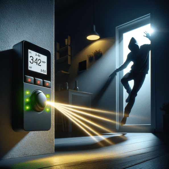 Mentre l’intruso tenta di forzare la finestra, mostra un sottile raggio di luce infrarossa che viene disturbato. In primo piano, un sensore di movimento nascosto nel buio cattura il cambiamento e invia un segnale al sistema di sicurezza. All’interno della casa, mostra il pannello di controllo digitale che si illumina improvvisamente, mentre un allarme discreto ma penetrante risuona nell’aria calma della notte.