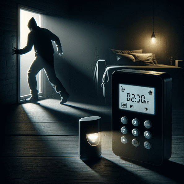 Mentre l’intruso tenta di forzare la finestra, mostra un sottile raggio di luce infrarossa che viene disturbato. In primo piano, un sensore di movimento nascosto nel buio cattura il cambiamento e invia un segnale al sistema di sicurezza. All’interno della casa, mostra il pannello di controllo digitale che si illumina improvvisamente, mentre un allarme discreto ma penetrante risuona nell’aria calma della notte.