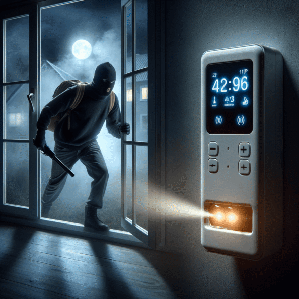 Mentre l’intruso tenta di forzare la finestra, mostra un sottile raggio di luce infrarossa che viene disturbato. In primo piano, un sensore di movimento nascosto nel buio cattura il cambiamento e invia un segnale al sistema di sicurezza. All’interno della casa, mostra il pannello di controllo digitale che si illumina improvvisamente, mentre un allarme discreto ma penetrante risuona nell’aria calma della notte.