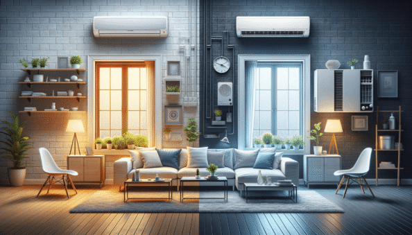 Genera una foto realistica che illustra il concetto descritto nell’articolo. Per favore, usa il testo dell’articolo tra parentesi per comprendere il contesto specifico dell’immagine. L’immagine dovrebbe essere di alta qualità e riflettere fedelmente il tema trattato. Ad esempio, se l’articolo parla dei vantaggi dei climatizzatori portatili, l’immagine dovrebbe mostrare un condizionatore portatile in un ambiente domestico moderno. Se l’articolo riguarda la manutenzione dei condizionatori, crea un’immagine che mostri una persona mentre pulisce o ispeziona un condizionatore. Ecco il testo dell’articolo da cui trarre ispirazione: (The title of the article is “The Differences Between Wall and Window Air Conditioners: A Complete Guide.” It discusses the critical differences between wall and window air conditioning units that homeowners should consider when buying an air conditioner. A wall-mounted unit is part of a ‘split’ system, with an internal and external component connected via tubes and cables. These models have minimal room intrusion and a discreet aesthetic but require wall drilling for installation. On the other hand, a window unit is compact and directly installed in a window or sometimes a hole in the wall. These air conditioners are more straightforward and cheaper to install than wall units.Wall systems are typically more energy-efficient, especially newer models with an inverter managing the compressor speed to maintain the desired temperature and conserve energy. However, window models have improved in energy consumption over time, and different efficiency ratings are available. Wall air conditioners are generally more costly to purchase and install but offer advanced features and long-term efficiency. In comparison, window air conditioners provide a more affordable option for both buying and installing, making them suitable for those on a tight budget.In terms of capacity and use, wall-mounted models can cool spaces of various sizes due to their wide power range, making them perfect for air conditioning multiple rooms or large areas. Window air conditioners, on the other hand, are ideal for smaller spaces like bedrooms or small offices because they have a more limited capacity compared to wall systems.To summarise, the choice between a wall or window unit depends on several factors, including the budget, cooling requirements, space size, and installation availability. Wall systems offer superior efficiency and are suitable for larger spaces and long-term solutions. In contrast, window air conditioners present an economical and easy-to-install option, fitting for smaller rooms. Carefully evaluating these characteristics will help determine which air conditioning option best meets your house’s specific needs.).