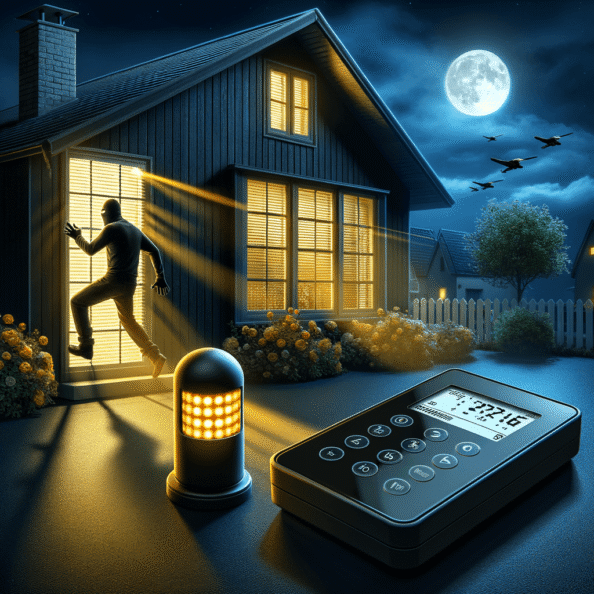 Mentre l’intruso tenta di forzare la finestra, mostra un sottile raggio di luce infrarossa che viene disturbato. In primo piano, un sensore di movimento nascosto nel buio cattura il cambiamento e invia un segnale al sistema di sicurezza. All’interno della casa, mostra il pannello di controllo digitale che si illumina improvvisamente, mentre un allarme discreto ma penetrante risuona nell’aria calma della notte.