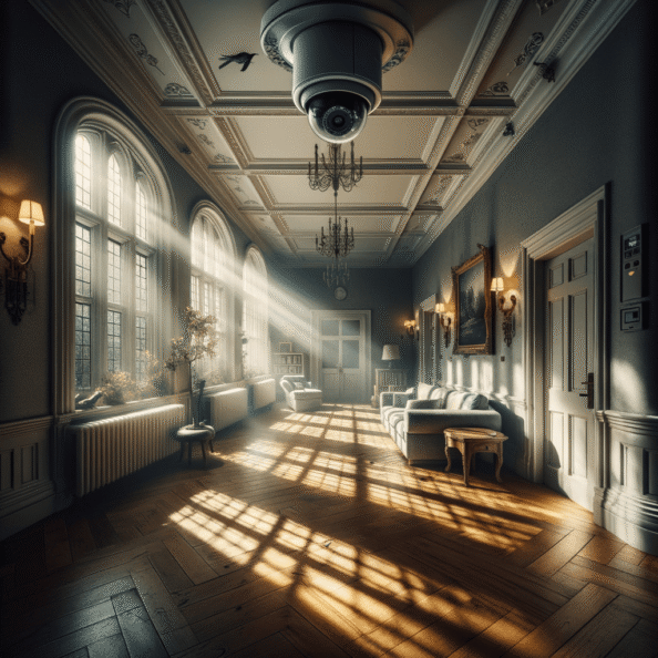 Nel silenzio di una casa deserta, l’unico rumore è il lieve ronzio dell’impianto di climatizzazione che riecheggia nei corridoi vuoti. L’atmosfera è tranquilla, ma gli occhi vigili delle telecamere di sorveglianza non conoscono riposo.Nella penombra delle stanze, le telecamere montate strategicamente scrutano ogni angolo con precisione chirurgica. Zoomano sui dettagli più piccoli, catturando ogni movimento, ogni variazione di luce, ogni segno di vita o di intrusione.Una telecamera montata sopra l’ingresso principale osserva silenziosamente mentre una foglia sospinta dal vento scivola sul marciapiede vuoto. Un’altra telecamera, posizionata nel soggiorno, inquadra il divano vuoto, la luce del sole che filtra dalle tende e crea motivi d’ombra sul pavimento immacolato.Nel frattempo, una terza telecamera panning, nascosta sotto un mobile, sorveglia la cucina, registrando ogni scatto del frigorifero che si apre e si chiude con il passaggio dell’aria condizionata.L’impianto di videosorveglianza funziona come un occhio onniveggente, senza emozioni né distrazioni. Non c’è bisogno di riposo o pausa, solo la continua vigilanza su ogni centimetro della casa.La casa, priva di persone, è avvolta nel suo silenzio solitario, ma gli occhi delle telecamere restano aperti, pronti a catturare qualsiasi evento che si verifichi, garantendo la sicurezza e la protezione anche quando gli abitanti sono lontani.