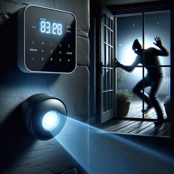 Mentre l’intruso tenta di forzare la finestra, mostra un sottile raggio di luce infrarossa che viene disturbato. In primo piano, un sensore di movimento nascosto nel buio cattura il cambiamento e invia un segnale al sistema di sicurezza. All’interno della casa, mostra il pannello di controllo digitale che si illumina improvvisamente, mentre un allarme discreto ma penetrante risuona nell’aria calma della notte.