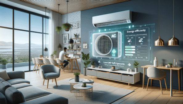 Genera una foto realistica che illustra il concetto descritto nell’articolo. Per favore, usa il testo dell’articolo tra parentesi per comprendere il contesto specifico dell’immagine. L’immagine dovrebbe essere di alta qualità e riflettere fedelmente il tema trattato. Ad esempio, se l’articolo parla dei vantaggi dei climatizzatori portatili, l’immagine dovrebbe mostrare un condizionatore portatile in un ambiente domestico moderno. Se l’articolo riguarda la manutenzione dei condizionatori, crea un’immagine che mostri una persona mentre pulisce o ispeziona un condizionatore. Ecco il testo dell’articolo da cui trarre ispirazione: (Air conditioning units, while providing necessary cooling and comfort, also pose significant environmental challenges. They contribute to environmental pollution by consuming large quantities of electricity often derived from non-renewable, greenhouse gas-emitting sources. Additionally, old air conditioning units frequently use refrigerants such as chlorofluorocarbons (CFCs) and hydrofluorocarbons (HFCs) which possess a high global warming potential (GWP) and can be released into the atmosphere, further contributing to the greenhouse effect.To offset these impacts, several eco-friendly solutions have been suggested, including the use of low-GWP refrigerants like R-32 and R-290 which drastically reduce harmful emissions and are often more energy-efficient. Modern air conditioning models employing inverter technology are more efficient than traditional units as they automatically regulate compressor speed to maintain desired temperatures, thus reducing energy consumption.The implementation of smart energy management systems that automatically adjust the functioning of air conditioning units based on room occupancy and atmospheric conditions can help optimize energy consumption. Certification and labelling programs like Energy Star can help consumers make more sustainable choices. Increasing awareness and education about the responsible use of air conditioning units and their environmental impacts is also crucial.Overall, promoting advanced, sustainable technology and practice in air conditioning units is critical for reducing their environmental impact. Users, manufacturers, and governments must collaborate to promote eco-friendly innovations for a more sustainable future. Considering energy efficiency and the type of refrigerant used in new air conditioning units is not only a green choice but a long-term investment in savings and sustainability.).