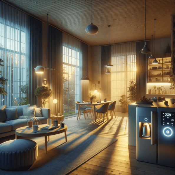 In una tranquilla casa di periferia, avvolta nell’atmosfera serena del pomeriggio, gli interni sono illuminati da una luce naturale che filtra attraverso le finestre. Non c’è nessuno in casa, ma il silenzio è interrotto solo dal leggero ronzio dei dispositivi elettronici.Nel soggiorno, la luce dell’ambiente si regola automaticamente, adattandosi alla luce naturale che varia con il trascorrere del giorno. Le tende si aprono e si chiudono delicatamente, seguendo un programma prestabilito per garantire la giusta quantità di luce e privacy in ogni momento.Nella cucina, un bollitore ad acqua si accende autonomamente, pronto a preparare una tazza di tè per il ritorno degli abitanti. Il frigorifero, dotato di sensori intelligenti, controlla costantemente la temperatura e la quantità di cibo al suo interno, avvisando di eventuali necessità di rifornimento o di problemi di conservazione.Nelle stanze da letto, i letti regolano automaticamente la loro temperatura e inclinazione per garantire un sonno confortevole. Le luci notturne si accendono dolcemente quando il sensore di movimento rileva un passaggio, illuminando il percorso senza disturbare il sonno.Nel bagno, il sistema di ventilazione si attiva autonomamente quando viene rilevata un’alta umidità, prevenendo la formazione di muffa e mantenendo l’ambiente fresco e asciutto.All’esterno, il sistema di irrigazione del giardino entra in azione, distribuendo l’acqua in modo uniforme e efficiente per mantenere il verde rigoglioso e vivace.Non c’è nessuno in casa, ma gli impianti di domotica lavorano instancabilmente per garantire il comfort, la sicurezza e l’efficienza energetica della dimora, creando un ambiente accogliente e funzionale che attende pazientemente il ritorno dei suoi abitanti.