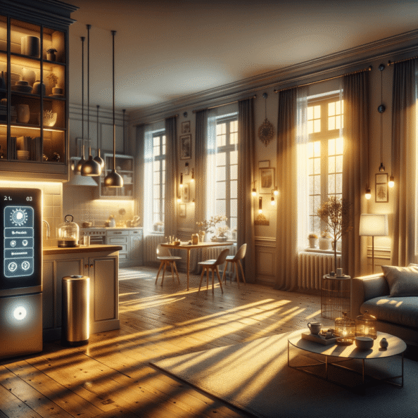 In una tranquilla casa di periferia, avvolta nell’atmosfera serena del pomeriggio, gli interni sono illuminati da una luce naturale che filtra attraverso le finestre. Non c’è nessuno in casa, ma il silenzio è interrotto solo dal leggero ronzio dei dispositivi elettronici.Nel soggiorno, la luce dell’ambiente si regola automaticamente, adattandosi alla luce naturale che varia con il trascorrere del giorno. Le tende si aprono e si chiudono delicatamente, seguendo un programma prestabilito per garantire la giusta quantità di luce e privacy in ogni momento.Nella cucina, un bollitore ad acqua si accende autonomamente, pronto a preparare una tazza di tè per il ritorno degli abitanti. Il frigorifero, dotato di sensori intelligenti, controlla costantemente la temperatura e la quantità di cibo al suo interno, avvisando di eventuali necessità di rifornimento o di problemi di conservazione.Nelle stanze da letto, i letti regolano automaticamente la loro temperatura e inclinazione per garantire un sonno confortevole. Le luci notturne si accendono dolcemente quando il sensore di movimento rileva un passaggio, illuminando il percorso senza disturbare il sonno.Nel bagno, il sistema di ventilazione si attiva autonomamente quando viene rilevata un’alta umidità, prevenendo la formazione di muffa e mantenendo l’ambiente fresco e asciutto.All’esterno, il sistema di irrigazione del giardino entra in azione, distribuendo l’acqua in modo uniforme e efficiente per mantenere il verde rigoglioso e vivace.Non c’è nessuno in casa, ma gli impianti di domotica lavorano instancabilmente per garantire il comfort, la sicurezza e l’efficienza energetica della dimora, creando un ambiente accogliente e funzionale che attende pazientemente il ritorno dei suoi abitanti.